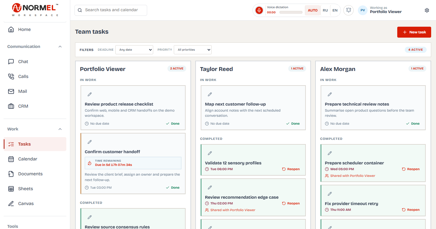 NORMEL Workspace team tasks in an English-language demo